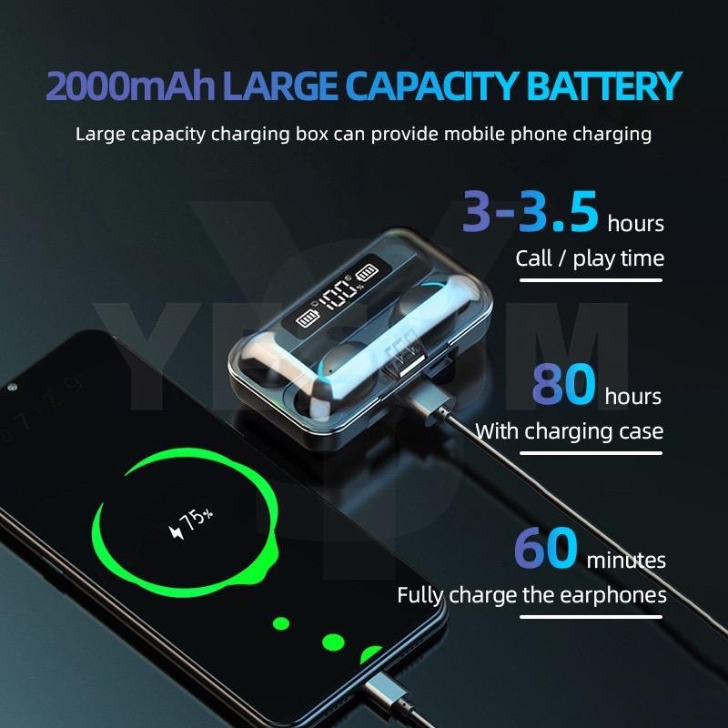 Auriculares Inalámbricos TWS VALDUS F9 (BT 5.0) | IPX7 Impermeables | Latencia 30ms | Autonomía +20h | Estuche con Pantalla LED | Control Táctil + Power Bank