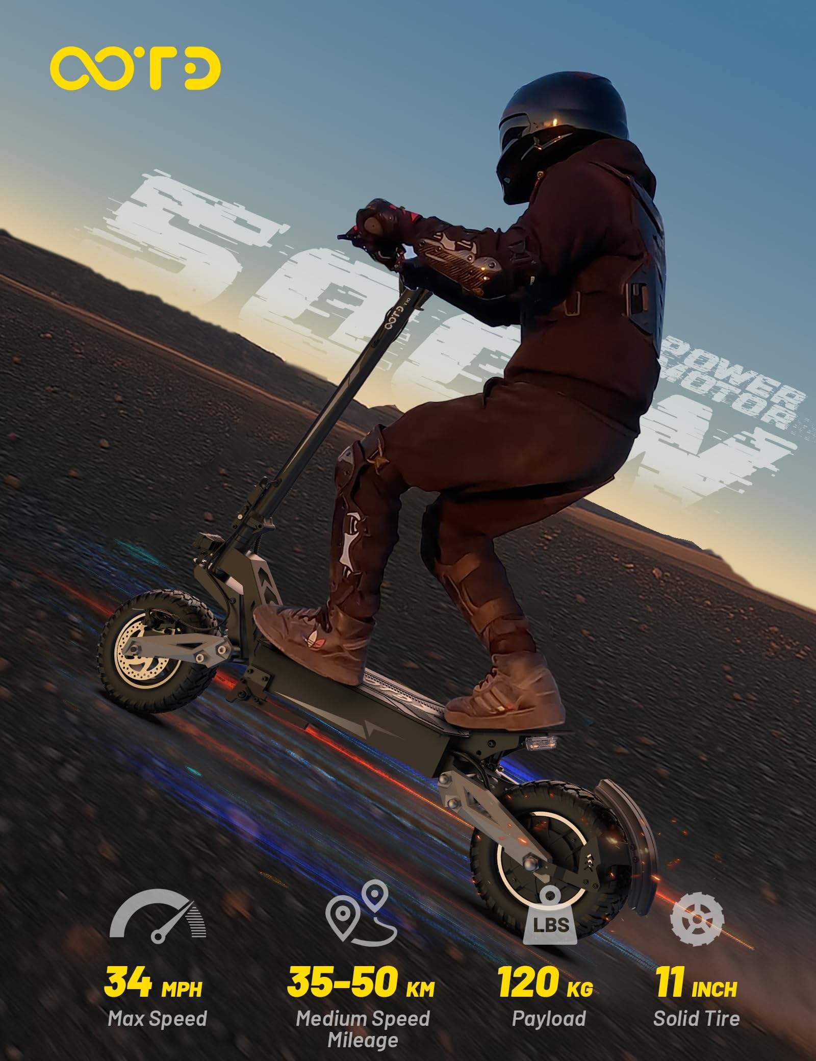 Patinete Eléctrico Todoterreno Plegable OOTD T10 (11”) | 48V 13,5Ah/18Ah | Suspensión Completa + Frenos Hidráulicos | App + Bluetooth | Hasta 150 kg