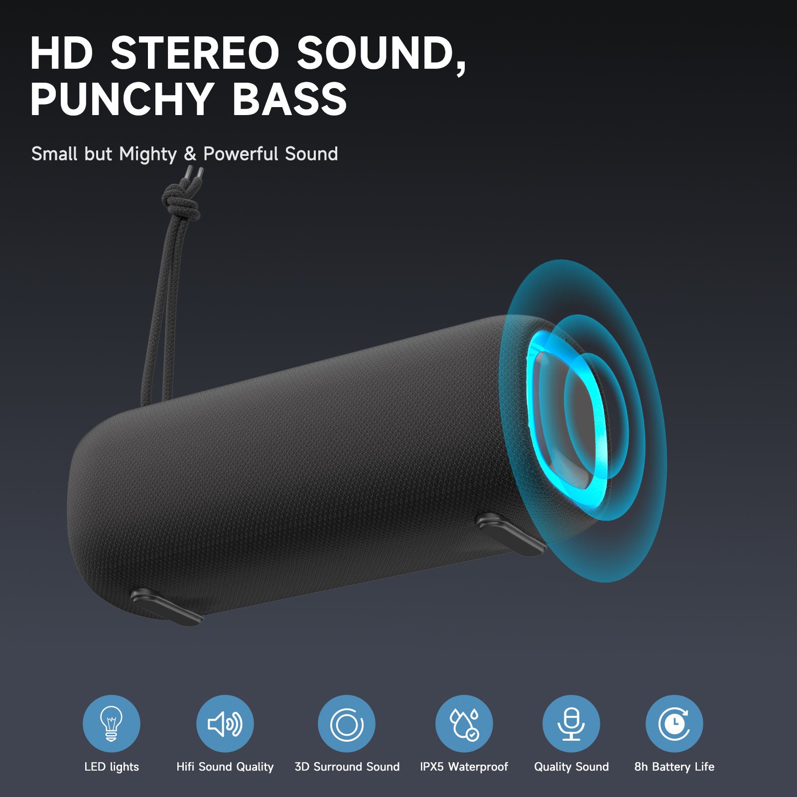 Altavoz Bluetooth Portátil 20W IPX5 Impermeable | BT 5.0 | Luz RGB | Batería 4000mAh (5–10h) | Micrófono Manos Libres | App | Outdoor/Playa | WP-05A