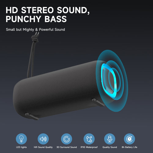 Altavoz Bluetooth Portátil 20W IPX5 Impermeable | BT 5.0 | Luz RGB | Batería 4000mAh (5–10h) | Micrófono Manos Libres | App | Outdoor/Playa | WP-05A