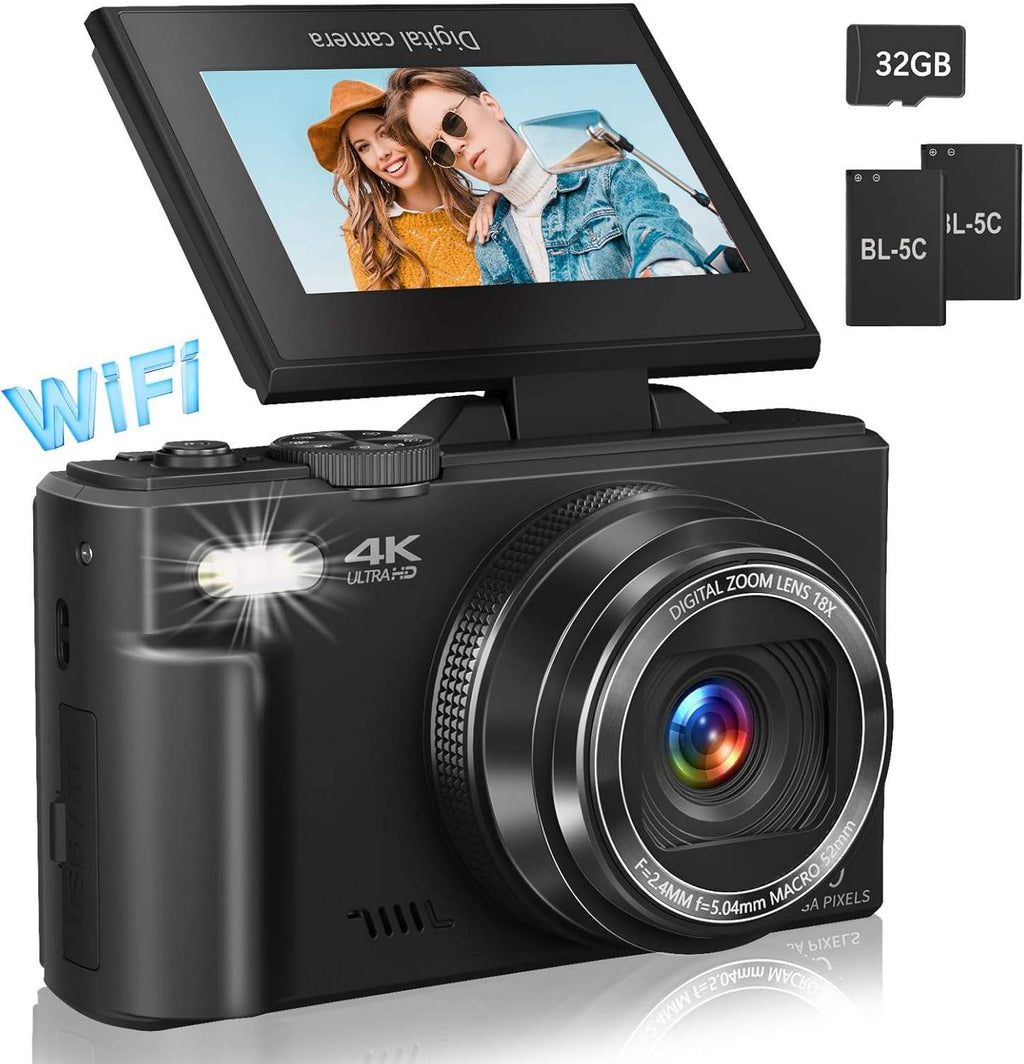 Cámara Vlog 4K con Pantalla abatible 180° + WiFi (Webcam) | 18X Zoom Digital | 13MP (hasta 64MP) | Tarjeta 32GB | Vintage Compacta