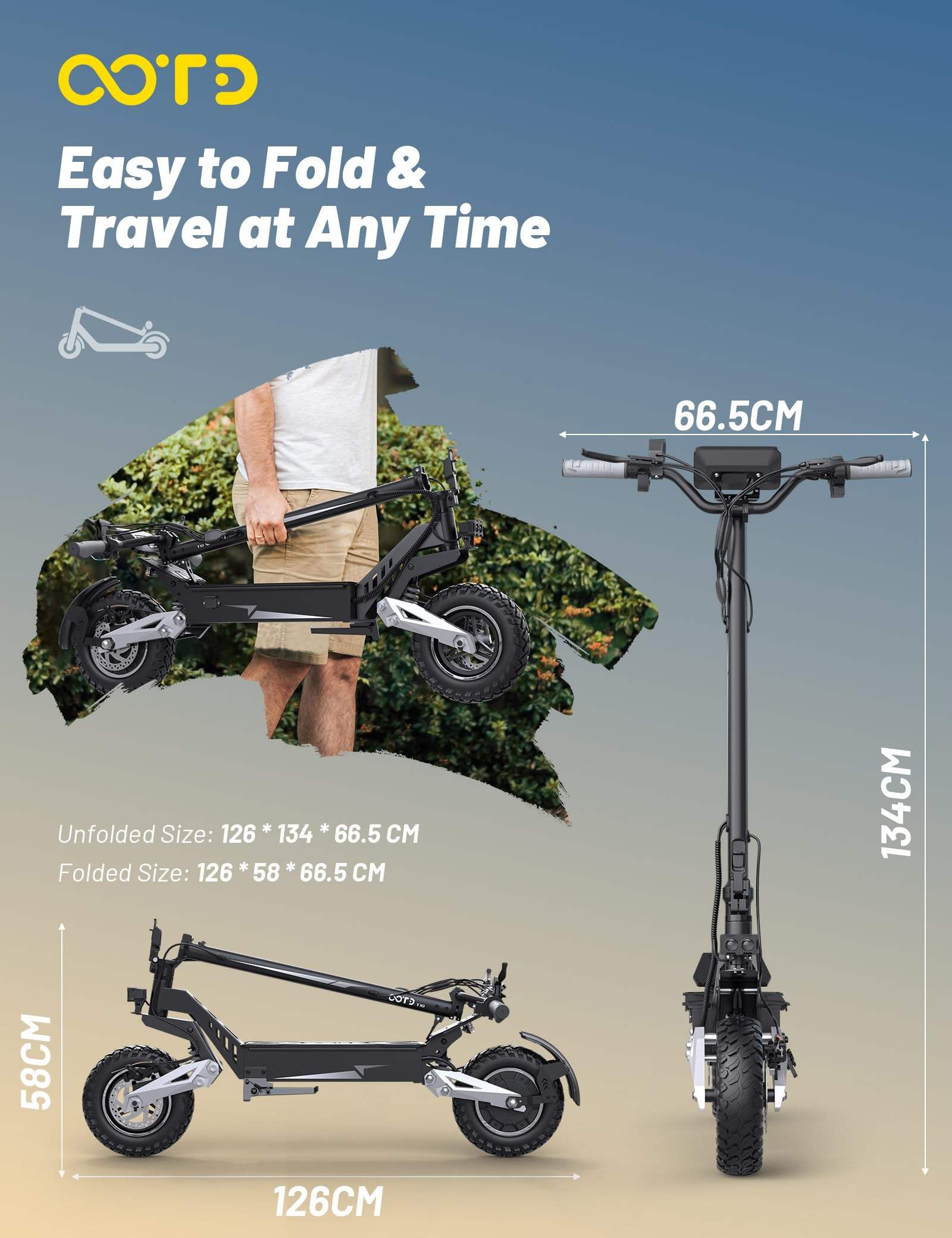 Patinete Eléctrico Todoterreno Plegable OOTD T10 (11”) | 48V 13,5Ah/18Ah | Suspensión Completa + Frenos Hidráulicos | App + Bluetooth | Hasta 150 kg